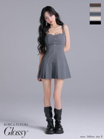 キャバドレス Glossy ROBE de FLEURS グロッシー ローブドフルール ジップデザイン プリーツスカート キャミソール リボンショルダー セクシー フレアミニドレス