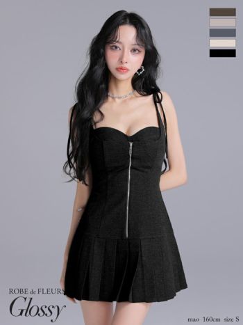キャバドレス Glossy ROBE de FLEURS グロッシー ローブドフルール リボンショルダー キャミソール ジップデザイン セクシー プリーツスカート フレアミニドレス