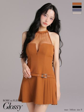キャバドレス Glossy ROBE de FLEURS グロッシー ローブドフルール ホルターネック ジップデザイン プリーツスカート シアー チュールデザイン フレアミニドレス