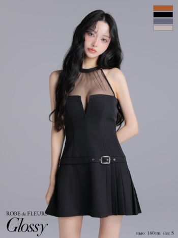 キャバドレス Glossy ROBE de FLEURS グロッシー ローブドフルール シアー チュールデザイン ホルターネック ジップデザイン プリーツスカート フレアミニドレス