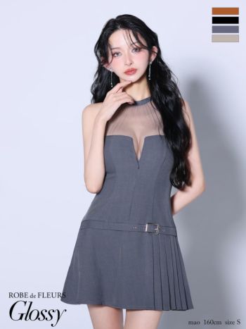 キャバドレス Glossy ROBE de FLEURS グロッシー ローブドフルール ジップデザイン プリーツスカート ホルターネック シアー チュールデザイン フレアミニドレス