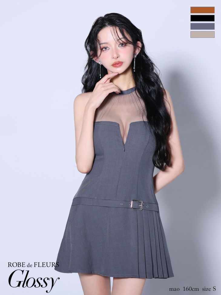 キャバドレス Glossy ROBE de FLEURS グロッシー ローブドフルール ジップデザイン プリーツスカート ホルターネック シアー チュールデザイン フレアミニドレス