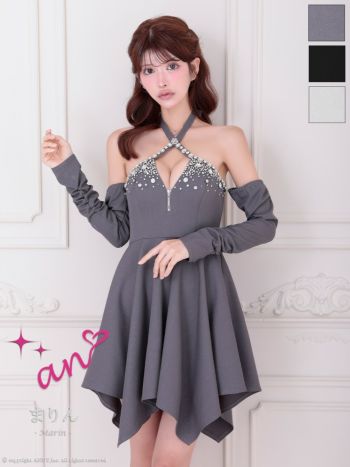 キャバドレス an ホルターネック 長袖 ジップデザイン ビジュー アシンメトリー フレアミニドレス