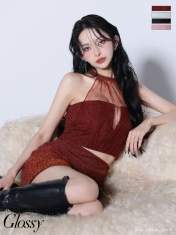 キャバドレス Glossy ROBE de FLEURS グロッシー ローブドフルール フロントシースルー バックリボン チュール ラメニット セットアップ アメリカンスリーブ タイトミニドレス