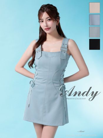 キャバドレス Andy レースアップ ベルトデザイン リボン ワンカラー ノースリーブ フレアミニドレス