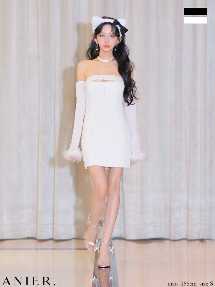 コスプレ anier.ROBE アニエルローブ 猫 モノトーン アニマル リボン ファー 長袖 ベアトップ タイトミニドレス