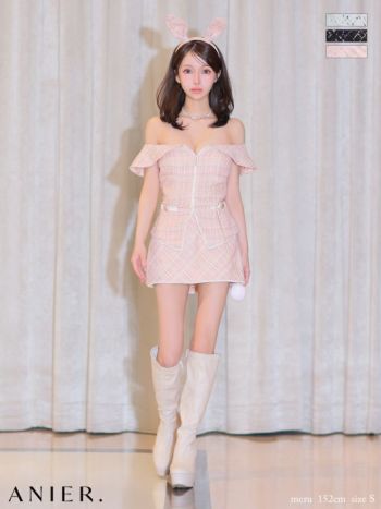 コスプレ anier.ROBE アニエルローブ バニー アニマル ジップデザイン ツイード オフショルダー タイトミニドレス