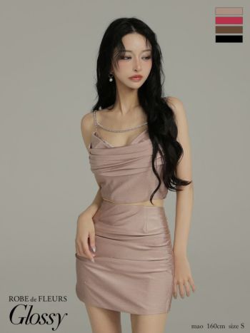 キャバドレス Glossy ROBE de FLEURS グロッシー ローブドフルール キャミソール ドレープ サテン チェーンストラップ ストーン セットアップ タイトミニドレス