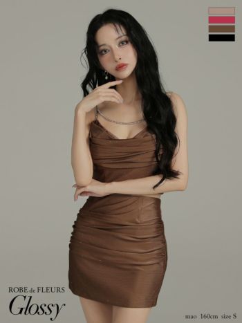 キャバドレス Glossy ROBE de FLEURS グロッシー ローブドフルール チェーンストラップ サテン キャミソール ストーン セットアップ ドレープ タイトミニドレス
