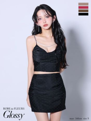 キャバドレス Glossy ROBE de FLEURS セットアップ キャミソール ドレープ サテン ストーン チェーンストラップ タイトミニドレス