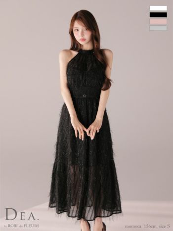 キャバドレス DEA.by ROBE de FLEURS ディア ホルターネック リボン ウエストベルト シースルー フリンジジャガード サテン エレガント Aラインロングドレス