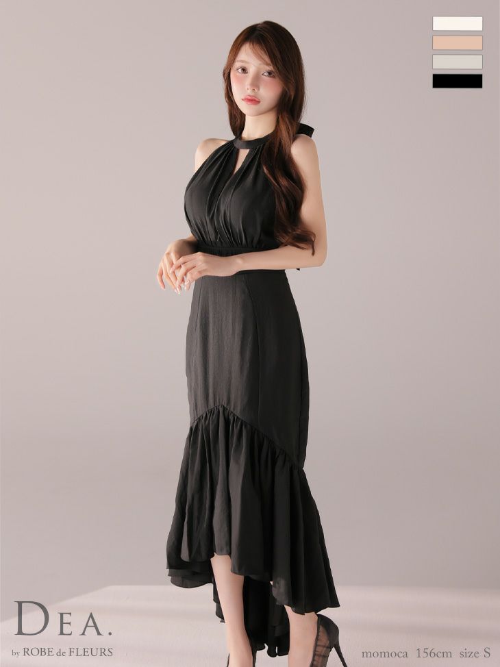 キャバドレス DEA.by ROBE de FLEURS ディア バストカット ウエストギャザー バックオープン オーガンジー サテン エレガント ホルターネック リボン Aラインロングドレス