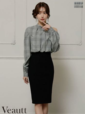 キャバドレス Veautt ヴュート 長袖 モノトーン チェック柄 肩あき チョーカー風 タイト 膝丈ドレス(