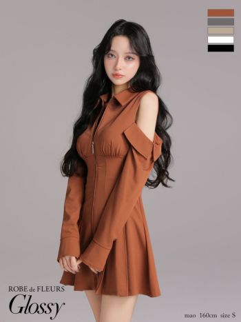 キャバドレス Glossy ROBE de FLEURS グロッシー ローブドフルール プリーツスカート 肩あき ジップデザイン 長袖 襟付き フレアミニドレス