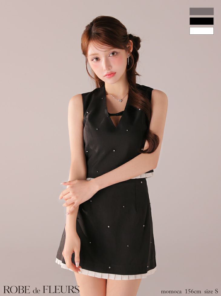 キャバドレス ROBEdeFLEURS ローブドフルール バストリボン ストーン付き セットアップ ノースリーブ ガーリー フレアミニドレス