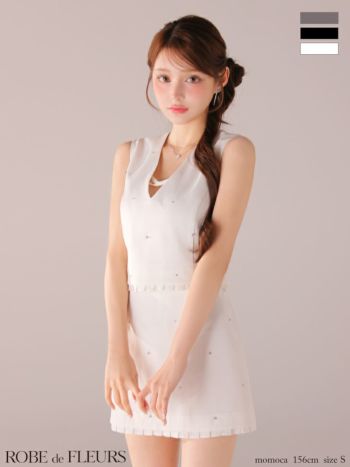 キャバドレス ROBEdeFLEURS ローブドフルール セットアップ ストーン付き ガーリー ノースリーブ バストリボン フレアミニドレス