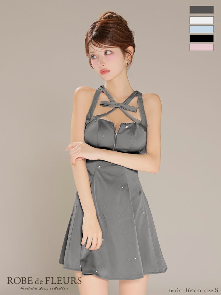 キャバドレス ROBEdeFLEURS ローブドフルール ネックリボン ジップデザイン ガーリー サテン ノースリーブ ビジュー フレアミニドレス