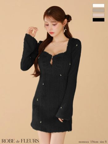 キャバドレス ROBEdeFLEURS ローブドフルール フェザーニット 長袖 シンプル パール ハートカット タイトミニドレス