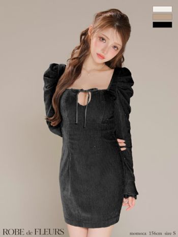 キャバドレス ROBEdeFLEURS ローブドフルール 長袖 バックオープン ベロア ストーン スカラップレース リボン タイトミニドレス