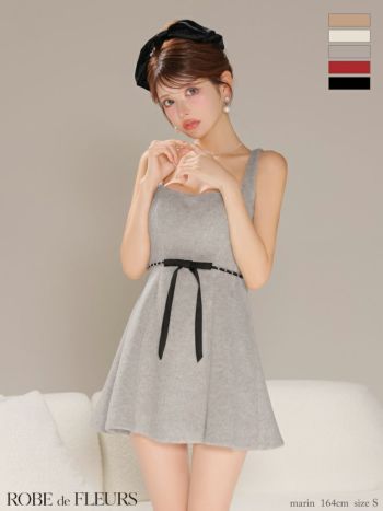 キャバドレス ROBEdeFLEURS ローブドフルール メルトン シンプル ノースリーブ ウエストリボン ラメ ガーリー フレアミニドレス