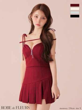 キャバドレス ROBEdeFLEURS ローブドフルール リボン キャミソール コードデザイン リブニット セットアップ ジップデザイン プリーツスカート フレアミニドレス