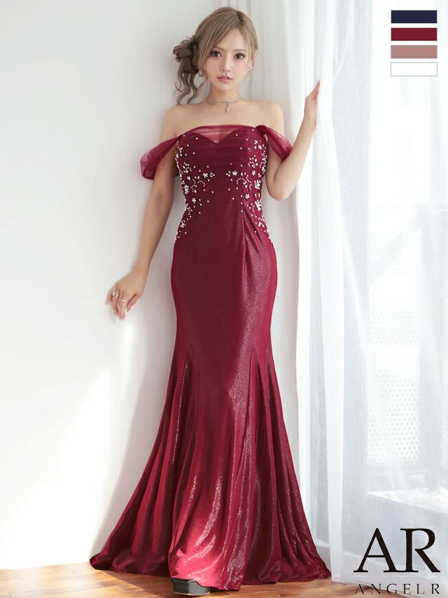 キャバドレス Angel R エンジェルアール 2way オフショルダー 肩あき フラワーレース セクシー ビジュー ラメ マーメイドロングドレス