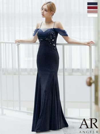 キャバドレス Angel R エンジェルアール アール】2way 肩あき フラワーレース オフショルダー セクシー ビジュー ラメ マーメイドロングドレス