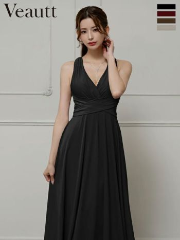 キャバドレス Veautt ヴュート Vカット バックオープン リボン ウエストクロス ワンカラー ノースリーブ Aラインロングドレス
