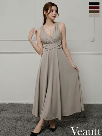 キャバドレス Veautt ヴュート バックオープン リボン Vカット ウエストクロス ワンカラー ノースリーブ Aラインロングドレス