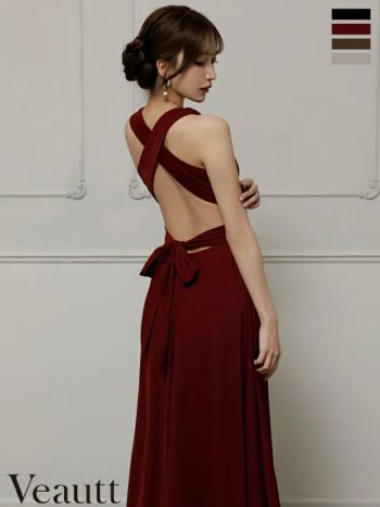 キャバドレス Veautt ヴュート ワンカラー Vカット ウエストクロス ノースリーブ バックオープン リボン Aラインロングドレス