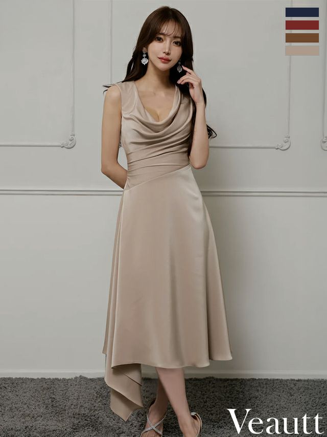 キャバドレス Veautt ヴュート ノースリーブ バストドレープ エレガント アシンメトリー ワンカラー シンプル Aラインロングドレス