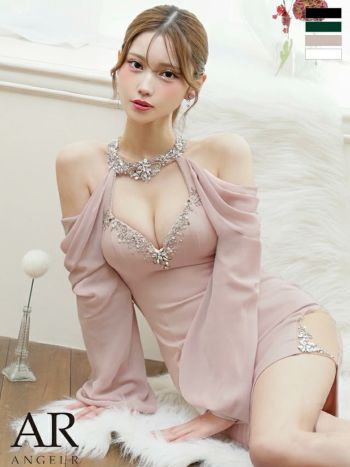 キャバドレス Angel R エンジェルアール オープンバスト セクシー ホルターネック 肩あき 長袖 シフォン くびれ透け ビジュー タイトミニドレス