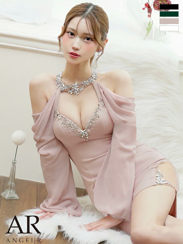 キャバドレス Angel R エンジェルアール オープンバスト セクシー ホルターネック 肩あき 長袖 シフォン くびれ透け ビジュー タイトミニドレス