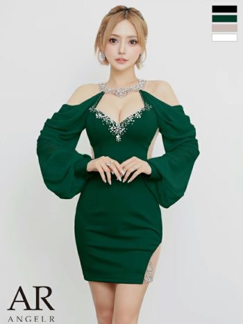 キャバドレス Angel R エンジェルアール 長袖 シフォン セクシー オープンバスト ホルターネック 肩あき くびれ透け ビジュー タイトミニドレス