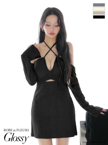 キャバドレス Glossy ROBE de FLEURS グロッシー ローブドフルール ホルターネック リブニット 長袖 アシンメトリー セクシー ラメ 肩あき カッティング タイトミニドレス