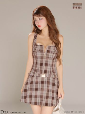 キャバドレス DEA. ROBE de FLEURS ディア ローブドフルール ノースリーブ ウエストベルト チェック柄 ジップデザイン Vカット タイトミニドレス