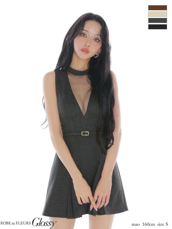 キャバドレス Glossy ROBE de FLEURS グロッシー ローブドフルール ウエストベルト Vネック ノースリーブ チュール メルトン フレアミニドレス