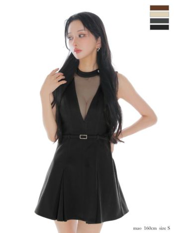 キャバドレス Glossy ROBE de FLEURS グロッシー ローブドフルール メルトン ウエストベルトノースリーブ チュール Vネック フレアミニドレス