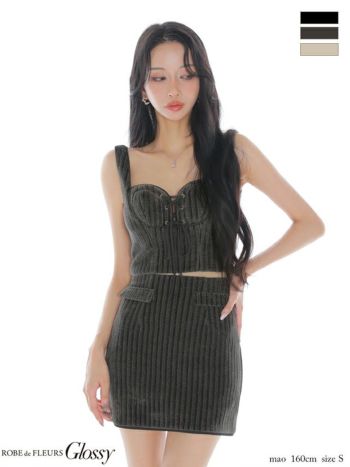 キャバドレス Glossy ROBE de FLEURS グロッシー ローブドフルール レースアップ セットアップ ノースリーブ コーデュロイ タイトミニドレス