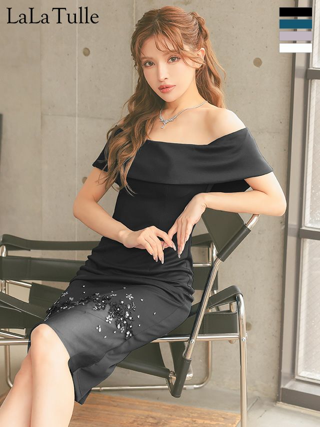 キャバドレス Veautt ヴュート フラワーレース ビジュー オフショルダー シアー切替 エレガント 膝丈ドレス