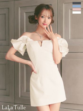 キャバドレス Angel R エンジェルアール バストチャーム ビジュー 半袖 肩あき ガーリー フリルスリーブ フレアミニドレス