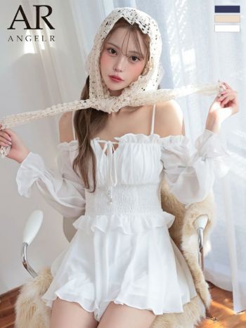 キャバドレス Angel R エンジェルアール オフショルダー 2way 肩あき 長袖 フリル リボン シャーリング Aラインミニドレス 