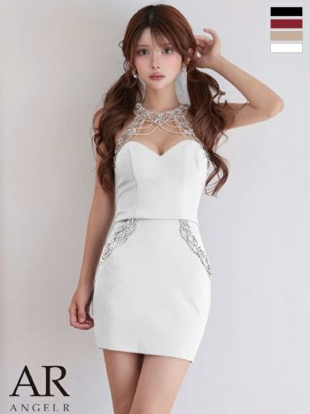 キャバドレス Angel R エンジェルアール ホルターネック パールチェーン ビジュー オープンバスト ポケット セットアップ セクシー タイトミニドレス