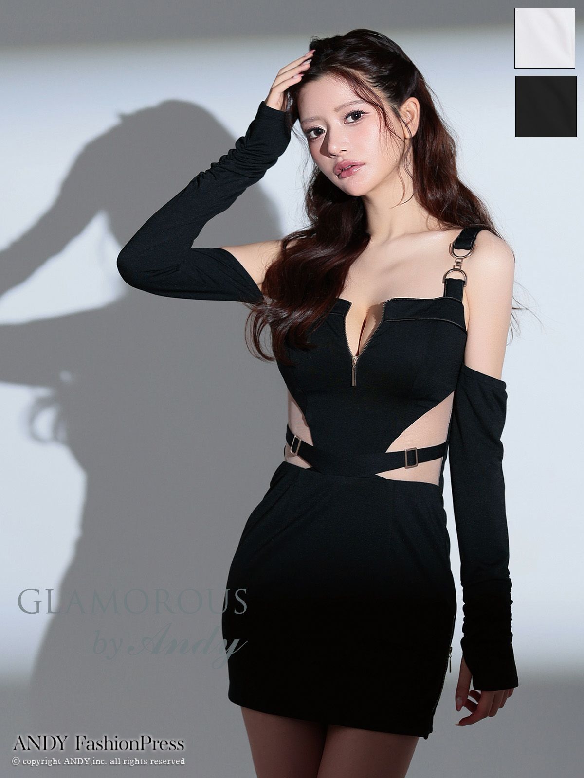 キャバドレス GLAMOROUS グラマラス 肩あき 長袖 ノースリーブ くびれ透け ジップデザイン スクエアネック カットデザイン タイトミニドレス