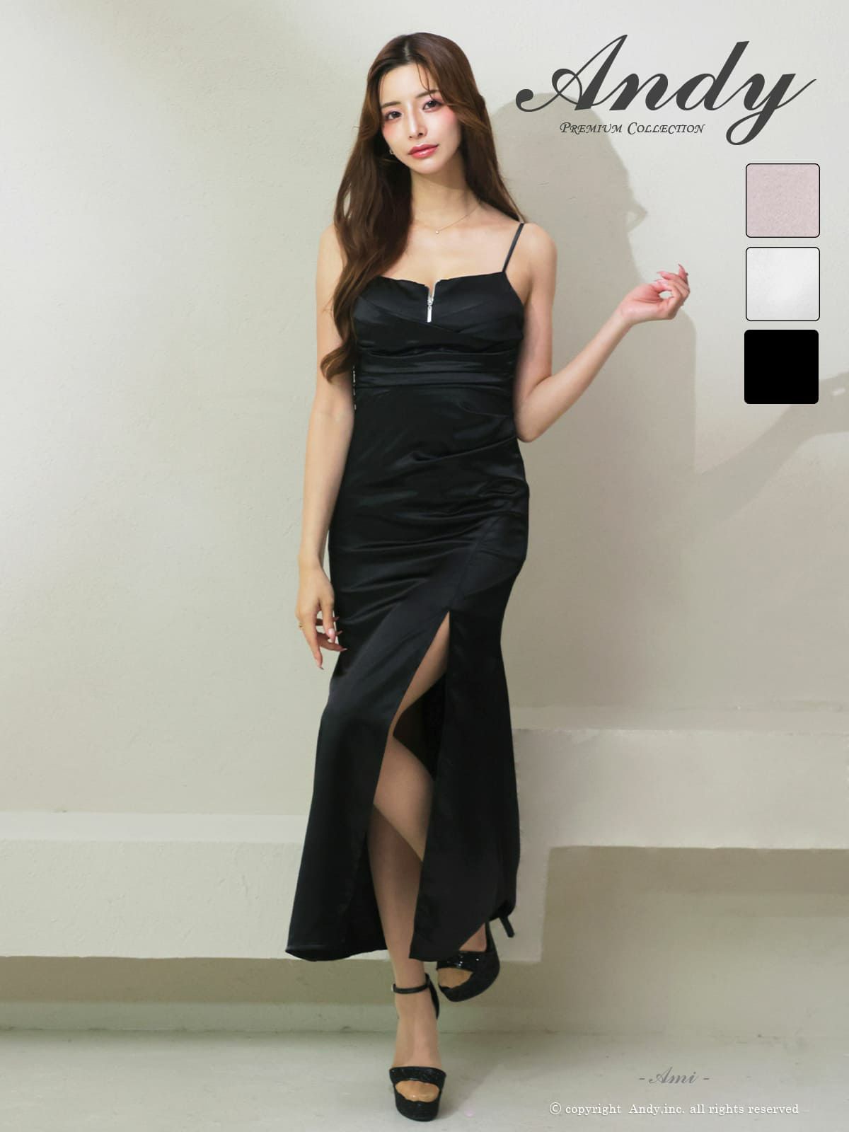 キャバドレス Andy ジップデザイン キャミソール スリット タック タイトロングドレス