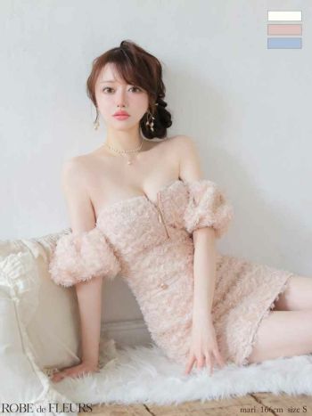 キャバドレス ROBEdeFLEURS ローブドフルール オフショルダー ジップデザイン パフスリーブ 立体フリンジレース ガーリー タイトミニドレス