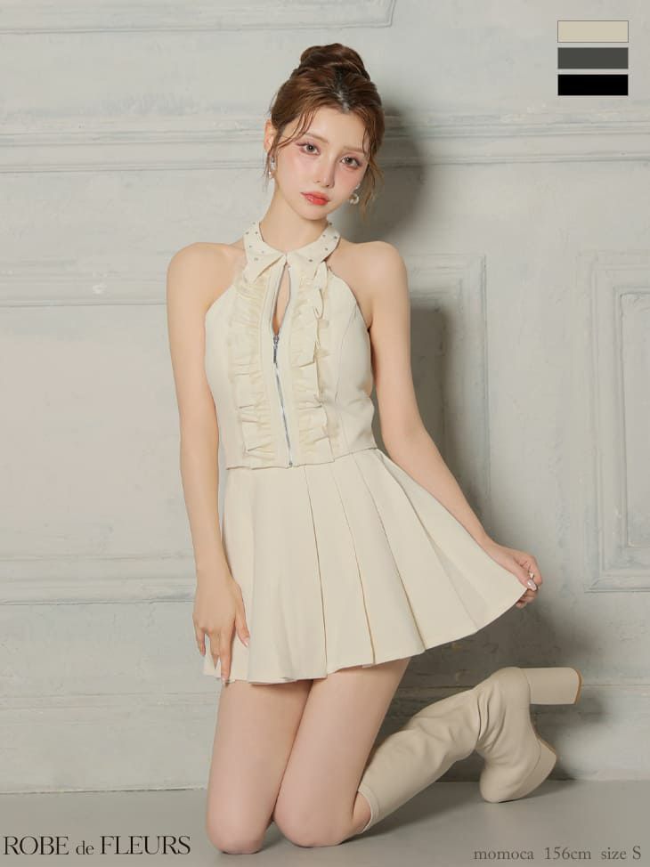 キャバドレス ROBEdeFLEURS ローブドフルール ガーリー 襟付き ホルターネック ビジュー ジップデザイン フリル プリーツスカート セットアップ フレアミニドレス