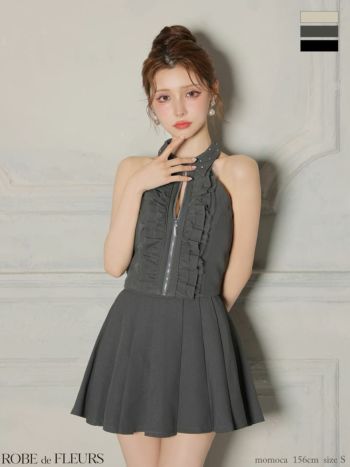 キャバドレス ROBEdeFLEURS ローブドフルール 襟付き ホルターネック ビジュー ジップデザイン フリル プリーツスカート セットアップ ガーリー フレアミニドレス