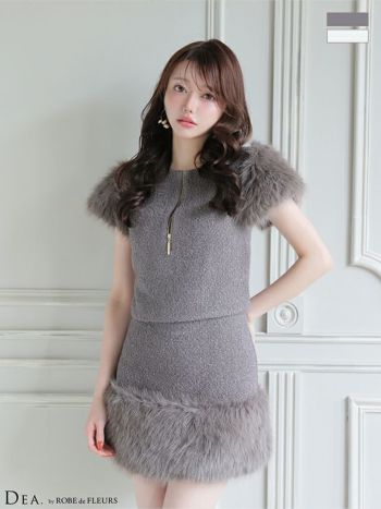 キャバドレス DEA. ディア ROBE de FLEURS ローブドフルール ブークレニットツイード 袖あり セットアップ ジップデザイン 袖ファー タイトミニドレス