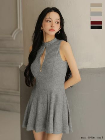 キャバドレス Glossy by ROBE de FLEURS グロッシー ノースリーブ ジップデザイン ラメニット セクシー ハイネック フレアミニドレス